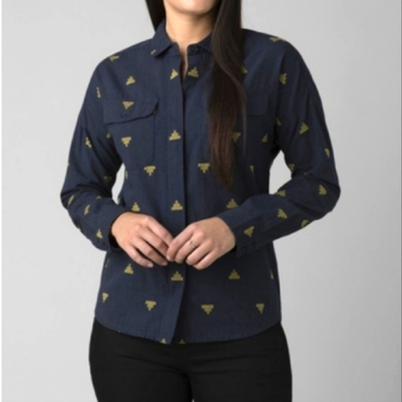 NWT Prana Lens Flair Top Southwest Western Organic Cotton Long Sleeve Navy S - Picture 2 of 8